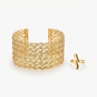 Gold Woven Cuff & X Ring Set