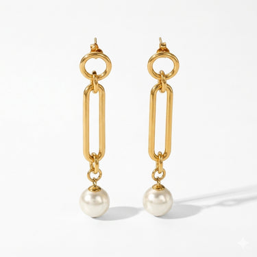 Gold Link Pearl Drop Earrings