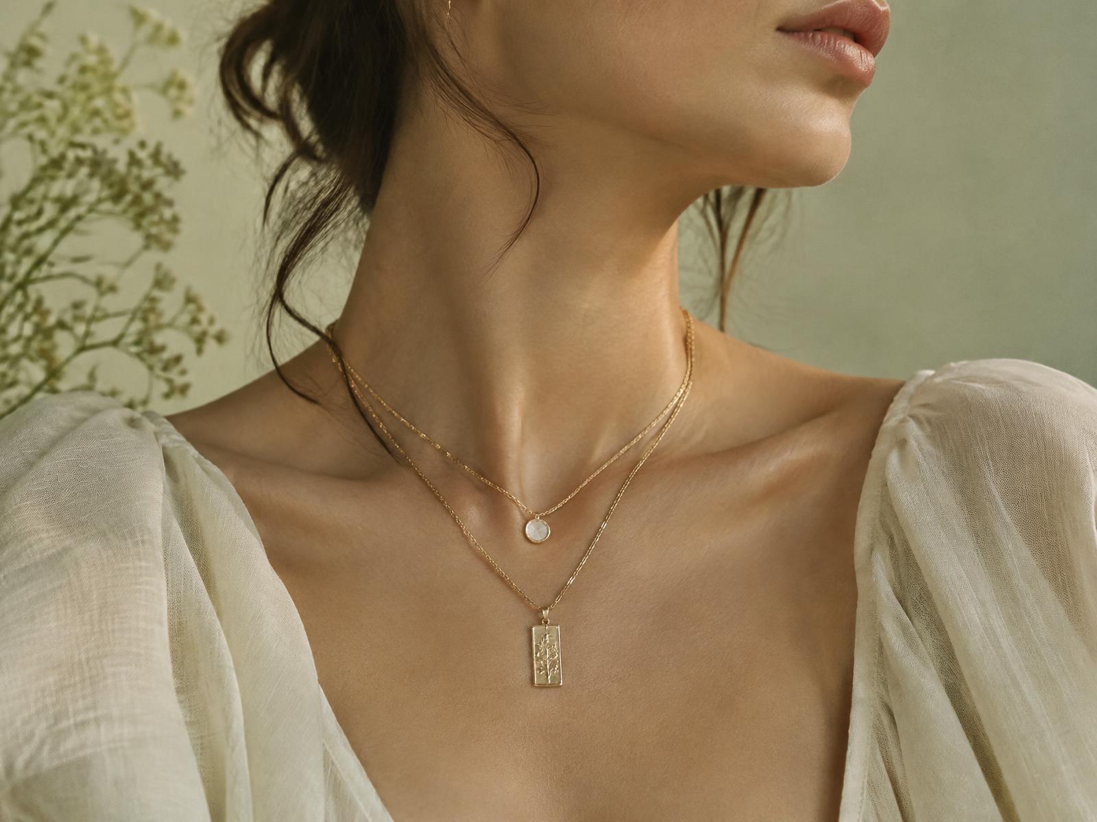 Woman wearing layered ADAH.CO gold necklaces
