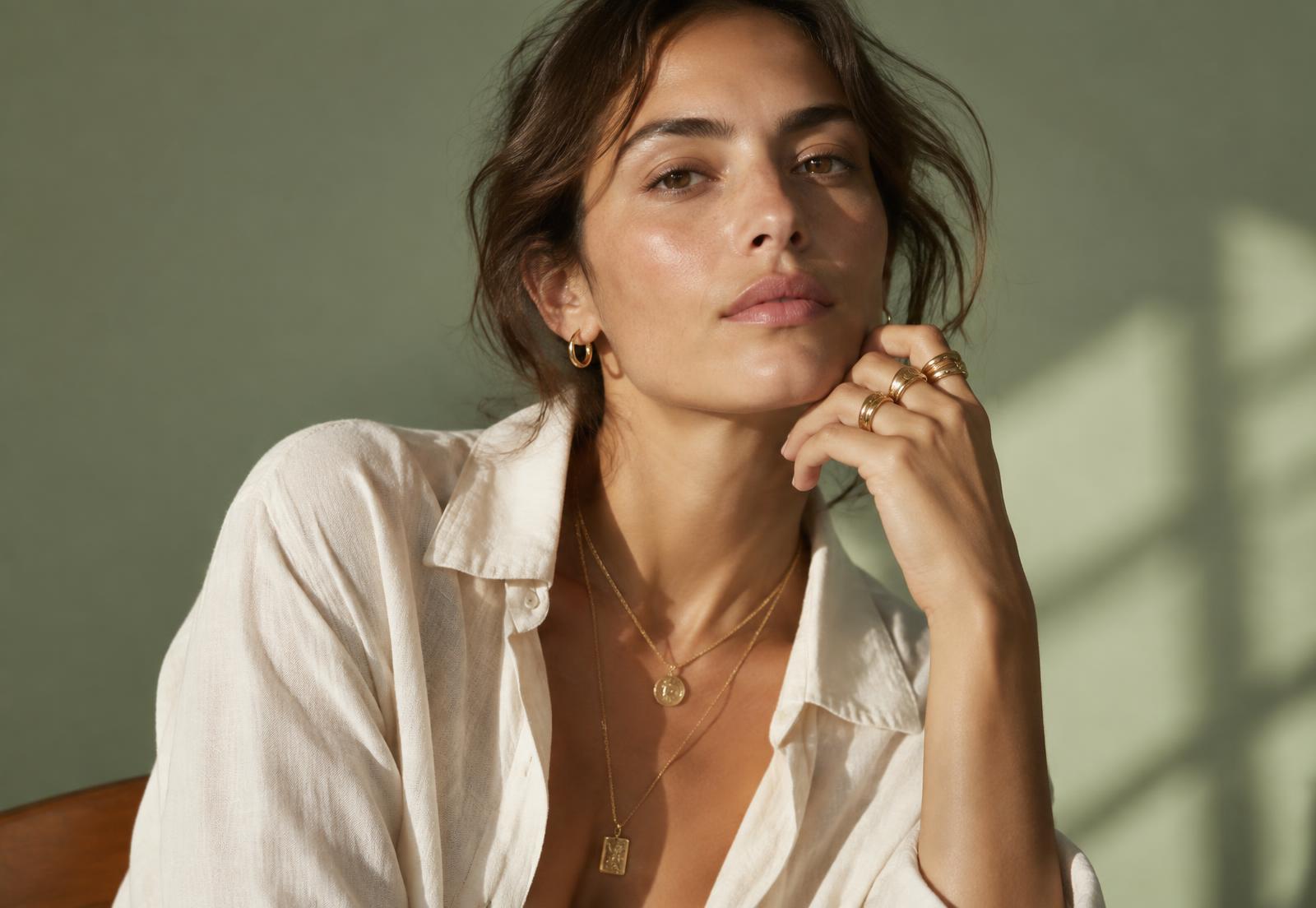 Woman wearing layered ADAH.CO rings and necklaces